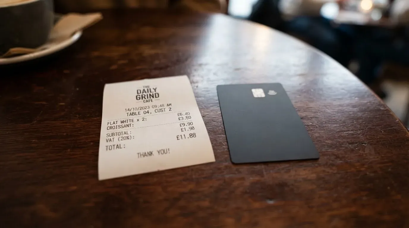 A receipt and a card on a café table