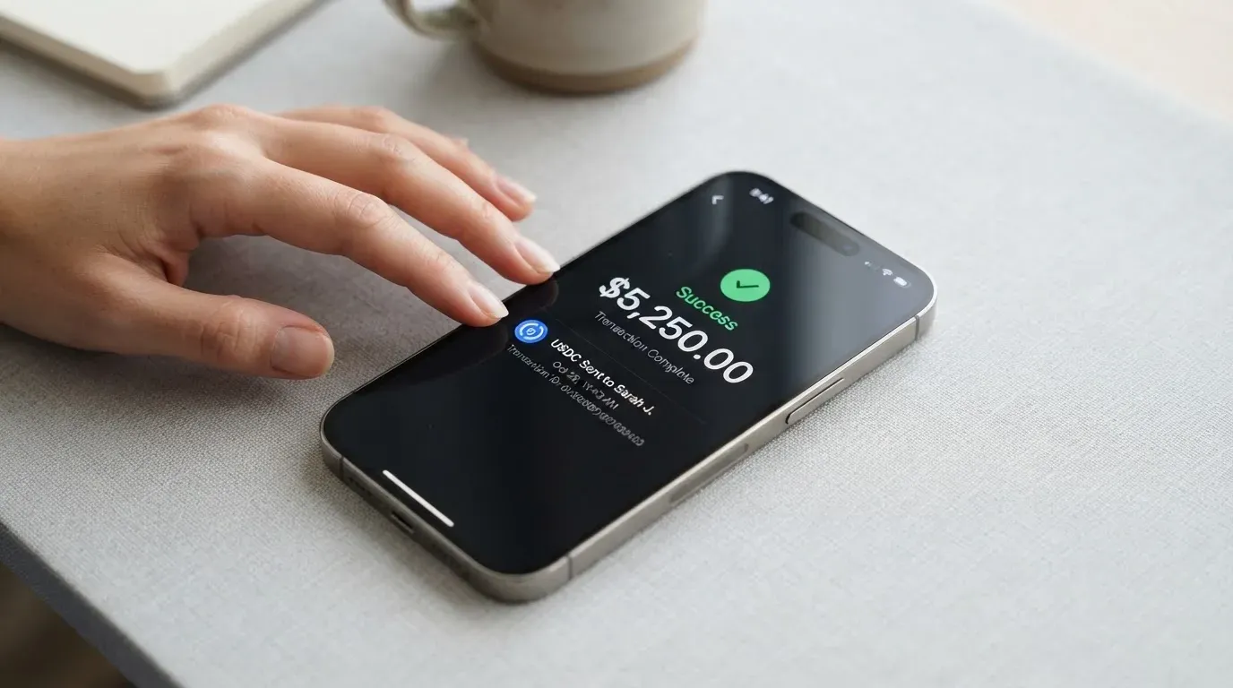 A phone showing a stablecoin transfer screen
