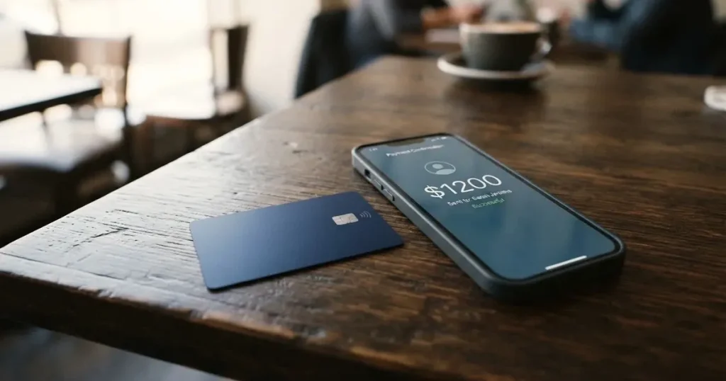 A payment card next to a phone with a crypto wallet app open