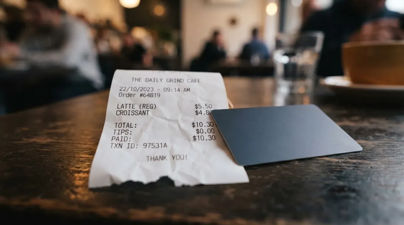 A receipt and a card on a café table