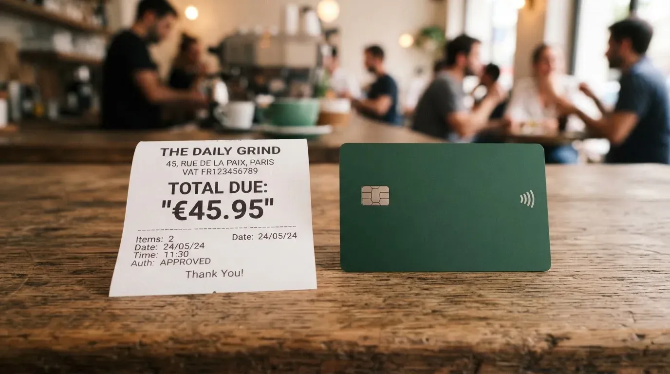 A receipt and a card on a café table