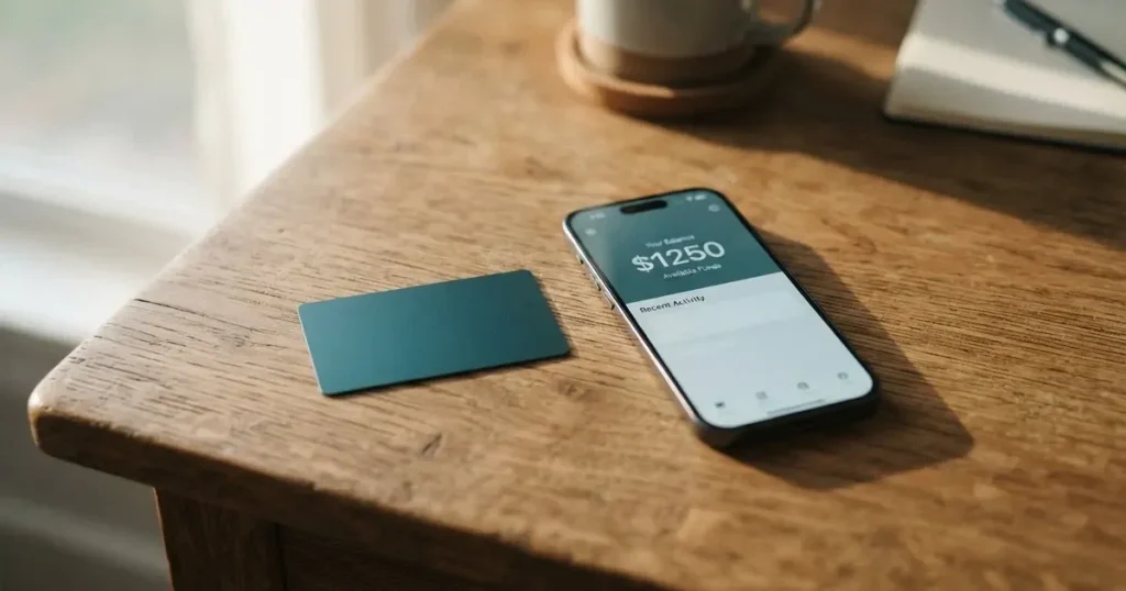 A payment card next to a phone with a crypto wallet app open