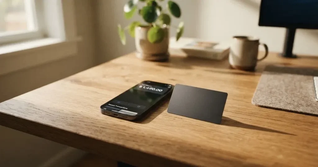A payment card next to a phone with a crypto wallet app open