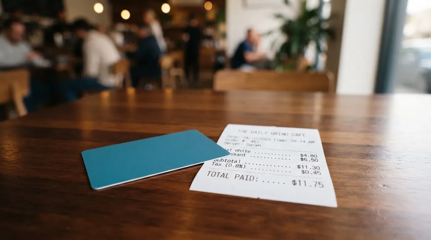 A receipt and a card on a café table