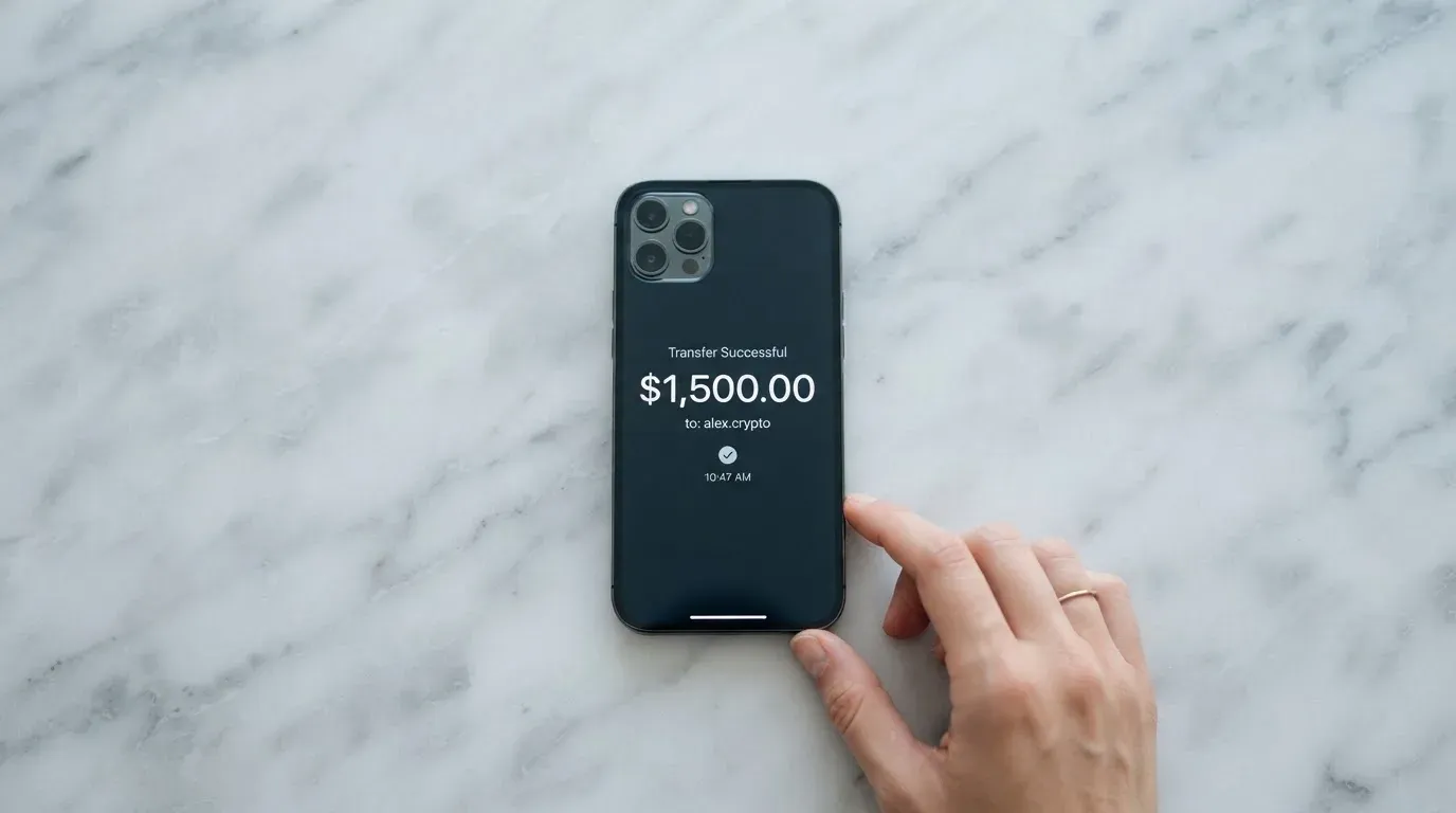 A phone showing a stablecoin transfer screen