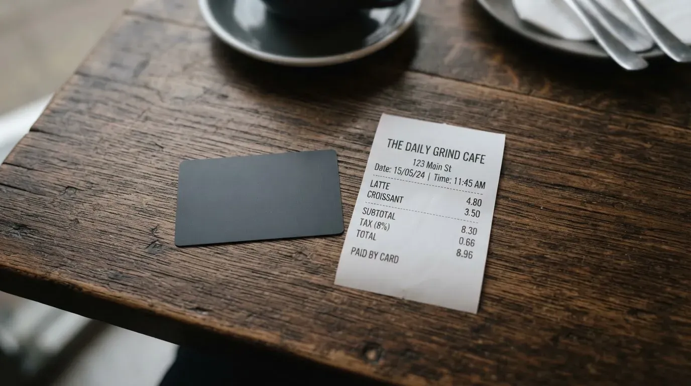 A receipt and a card on a café table