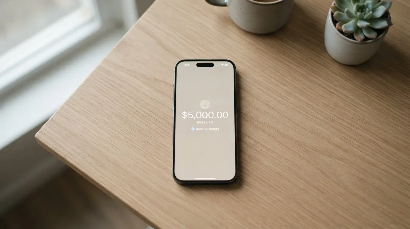 A phone showing a stablecoin transfer screen