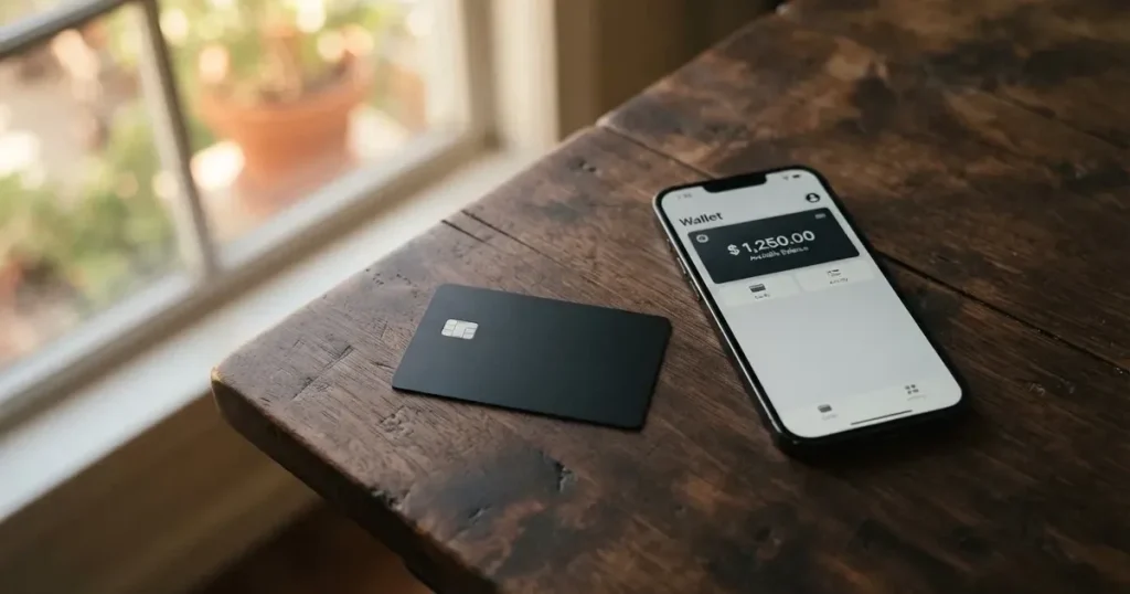 A payment card next to a phone with a crypto wallet app open