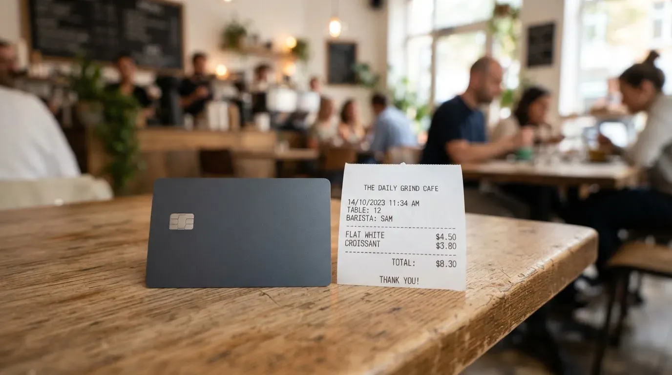 A receipt and a card on a café table