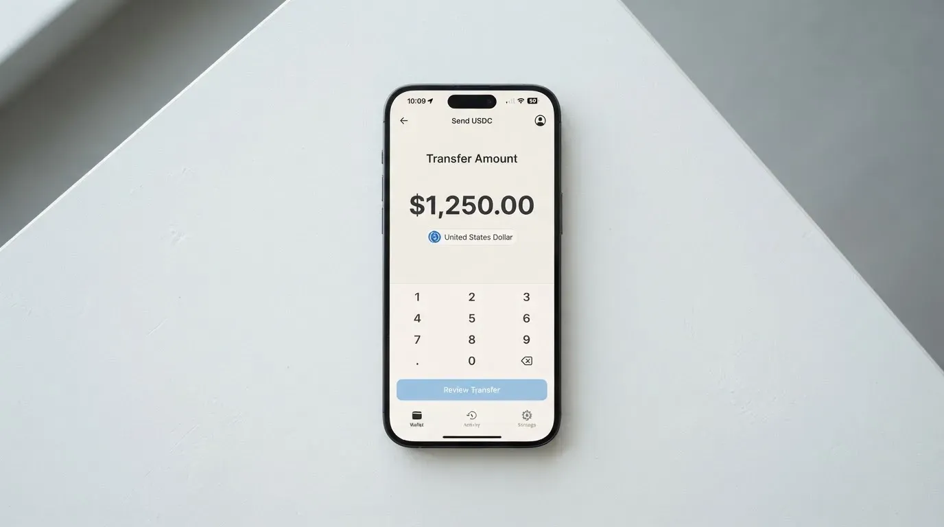 A phone showing a stablecoin transfer screen