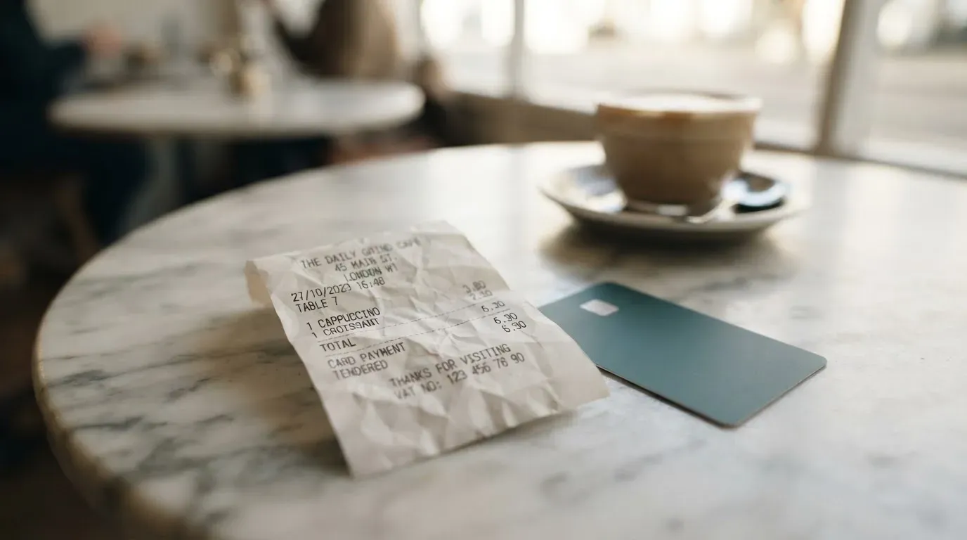A receipt and a card on a café table