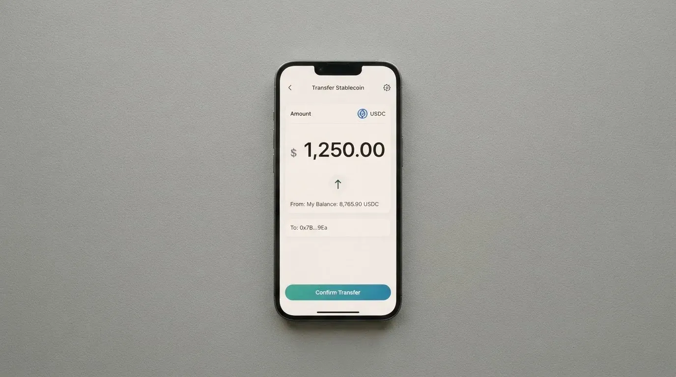 A phone showing a stablecoin transfer screen