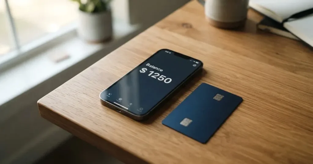 A payment card next to a phone with a crypto wallet app open