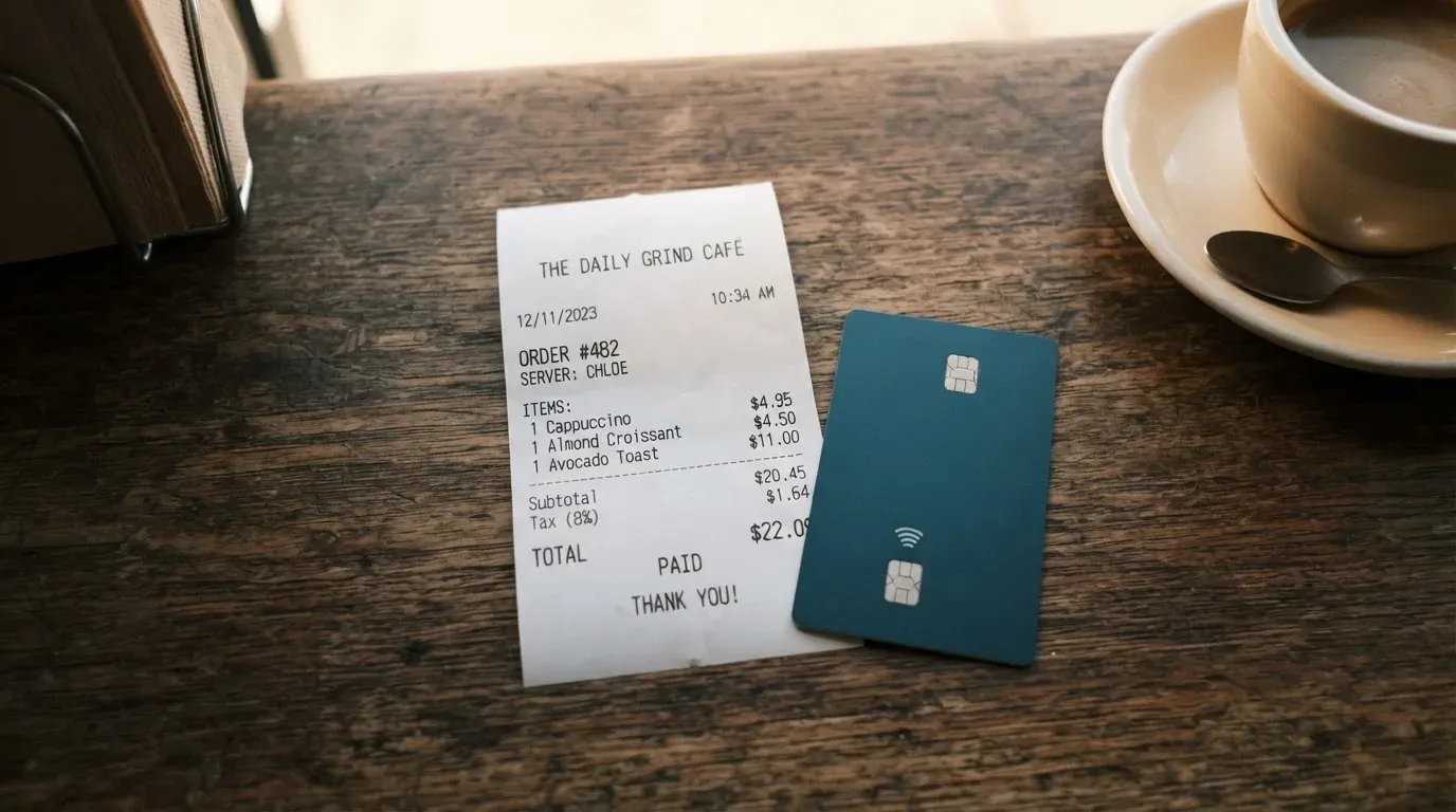 A receipt and a card on a café table