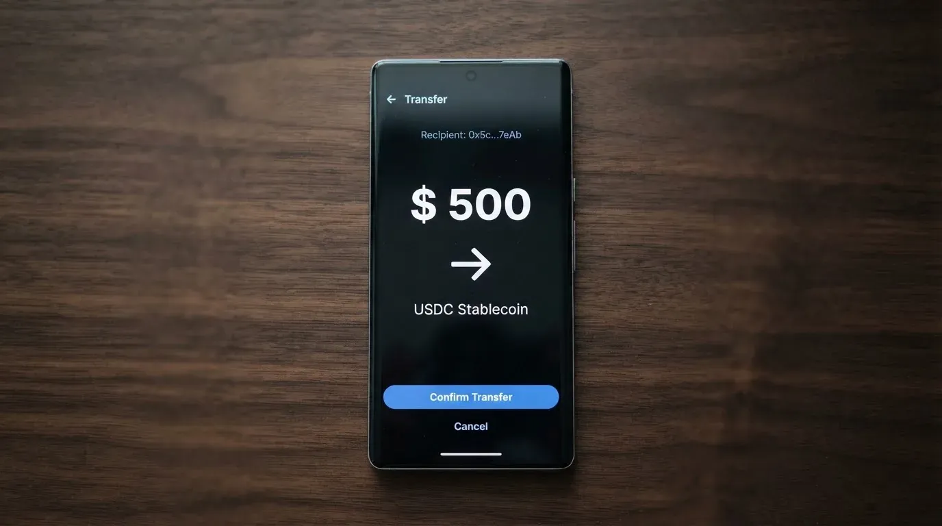 A phone showing a stablecoin transfer screen