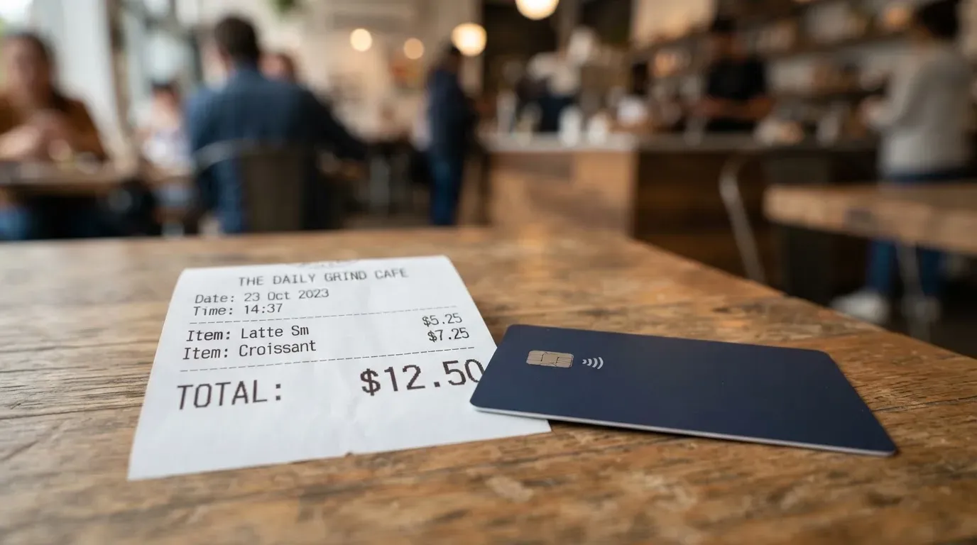 A receipt and a card on a café table