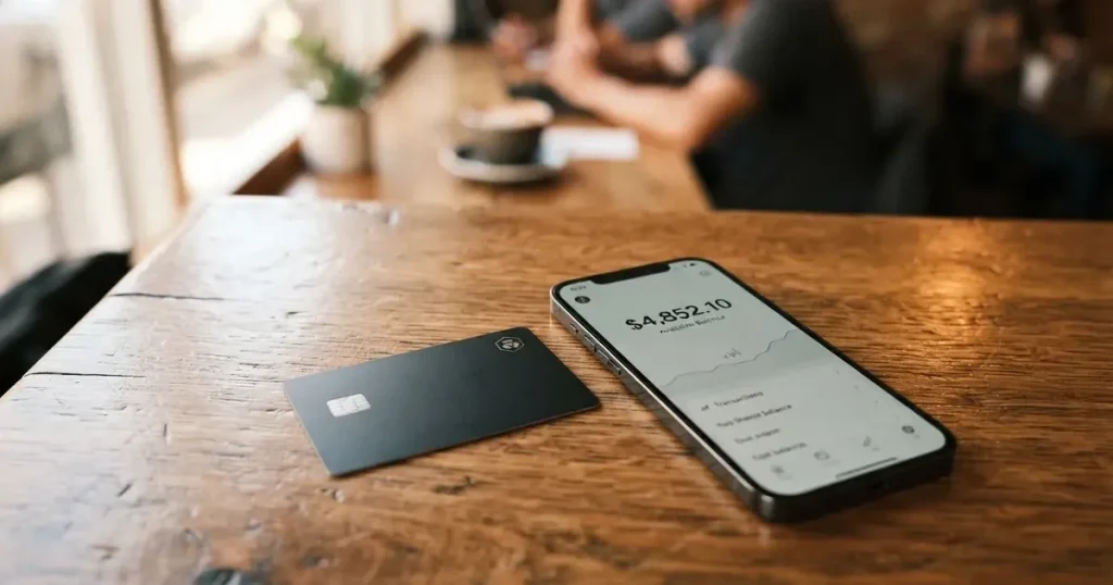 A payment card next to a phone with a crypto wallet app open
