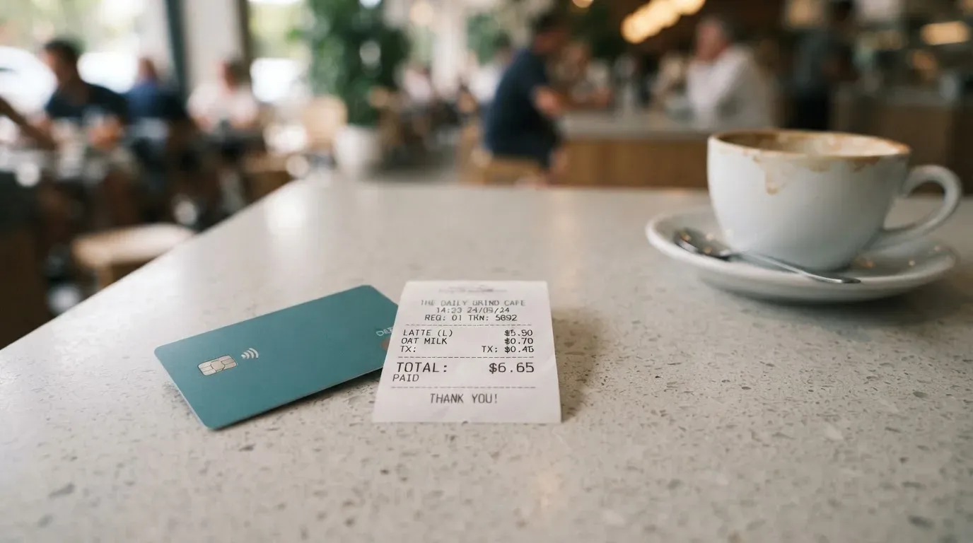 A receipt and a card on a café table