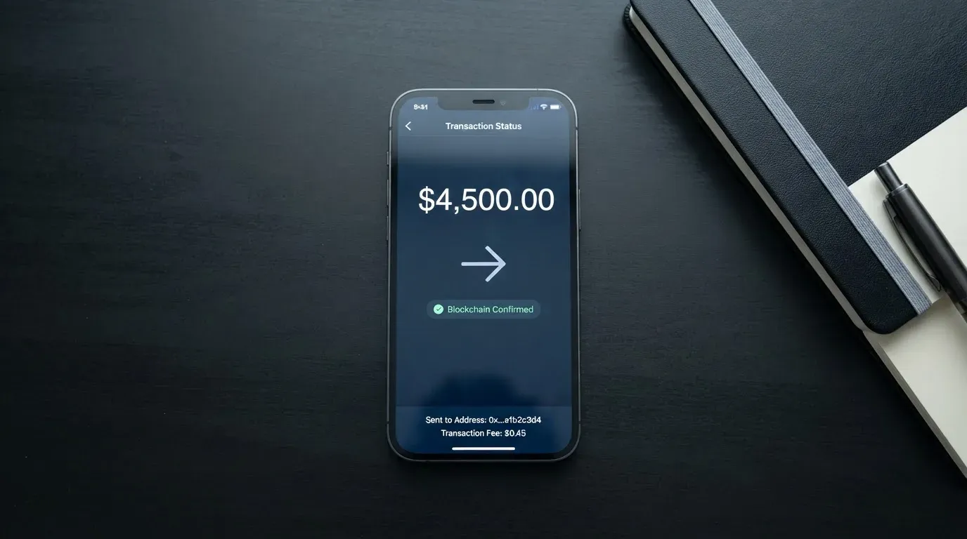 A phone showing a stablecoin transfer screen