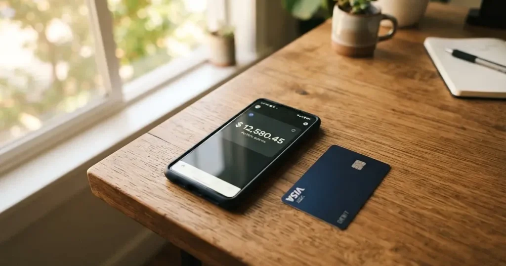 A payment card next to a phone with a crypto wallet app open