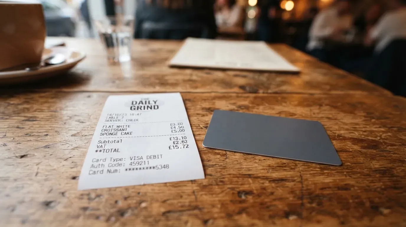 A receipt and a card on a café table
