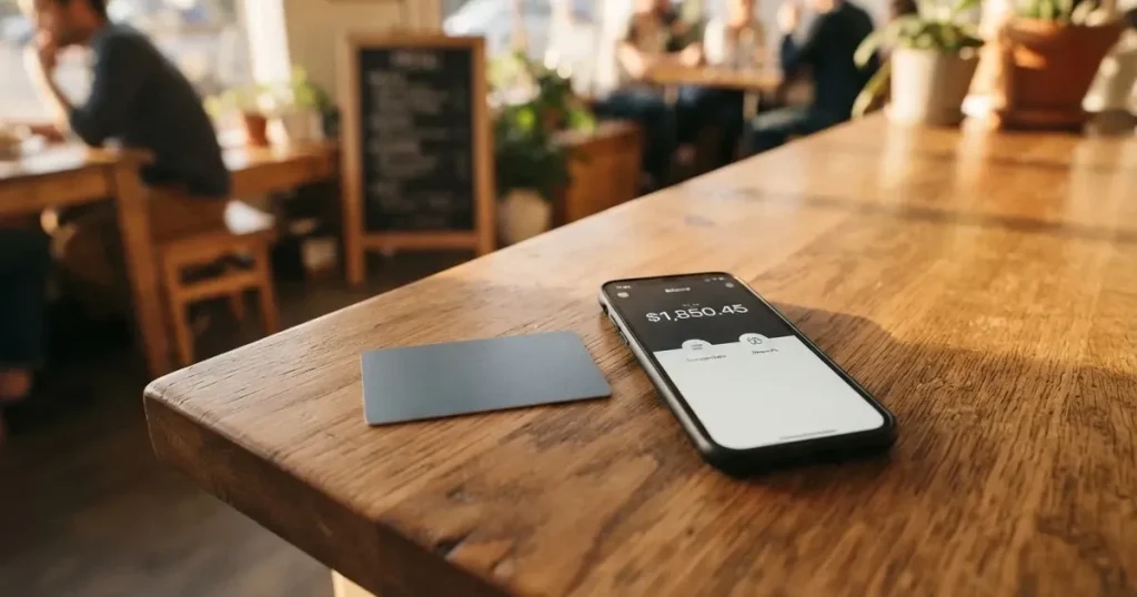 A payment card next to a phone with a crypto wallet app open