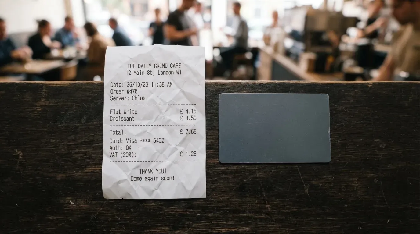 A receipt and a card on a café table