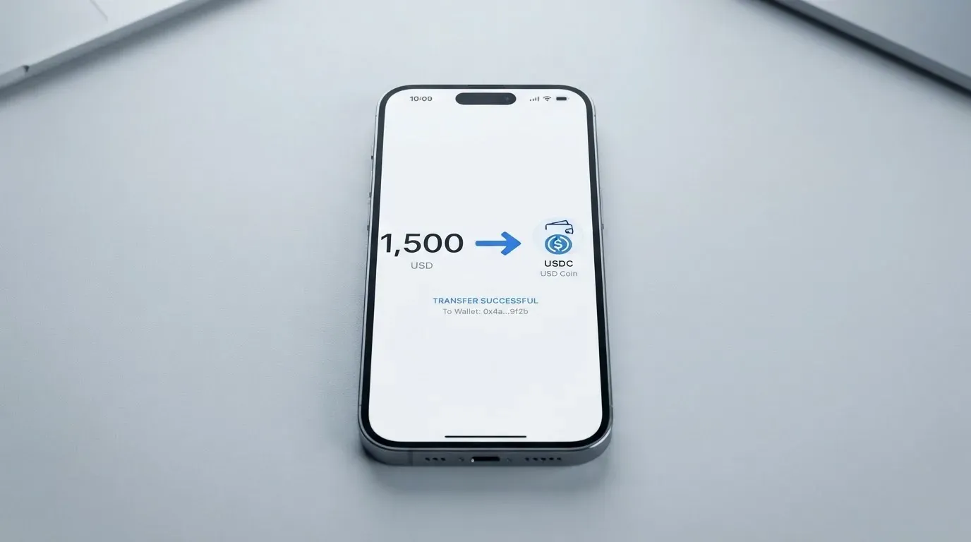A phone showing a stablecoin transfer screen