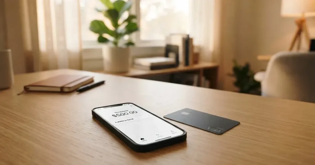 A payment card next to a phone with a crypto wallet app open