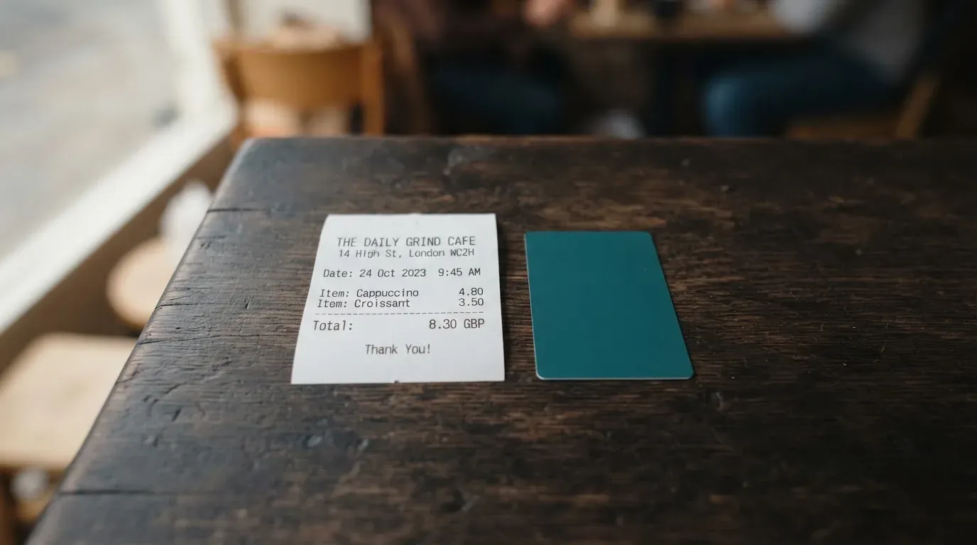 A receipt and a card on a café table