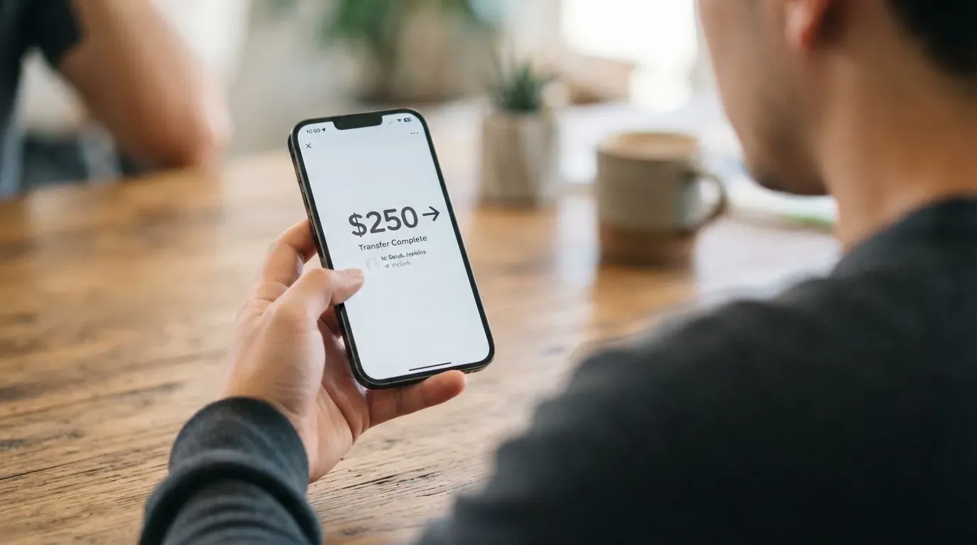 A phone showing a stablecoin transfer screen