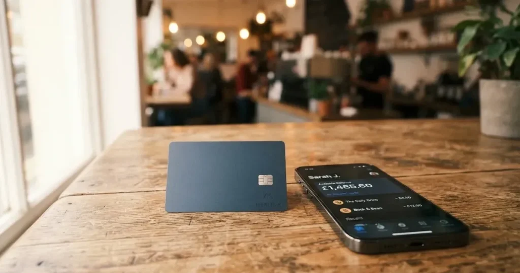 A payment card next to a phone with a crypto wallet app open