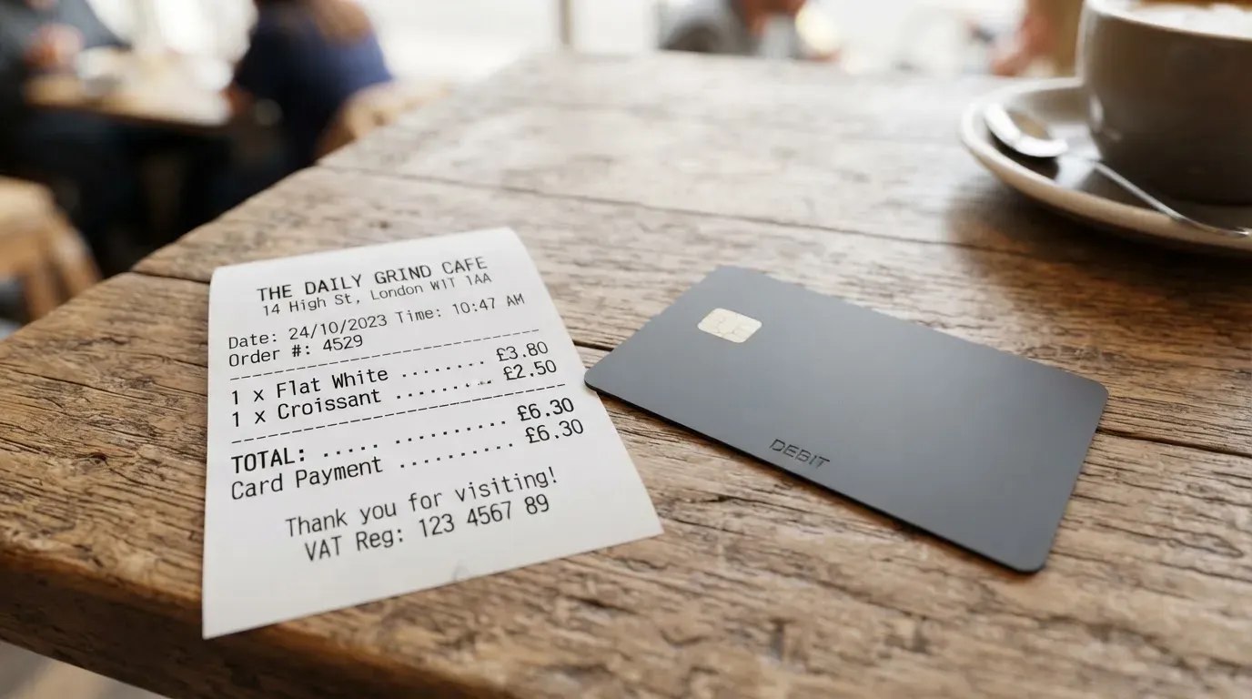 A receipt and a card on a café table