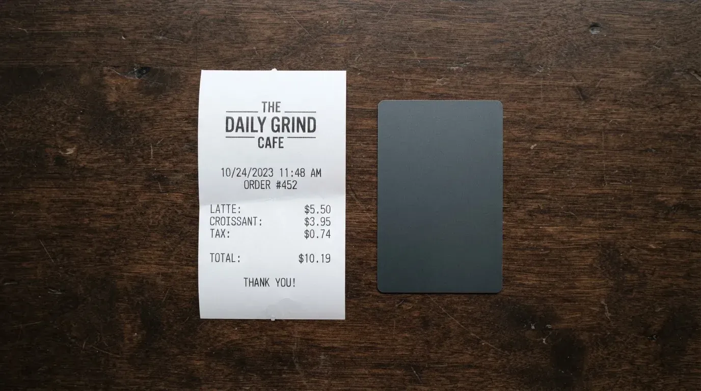 A receipt and a card on a café table