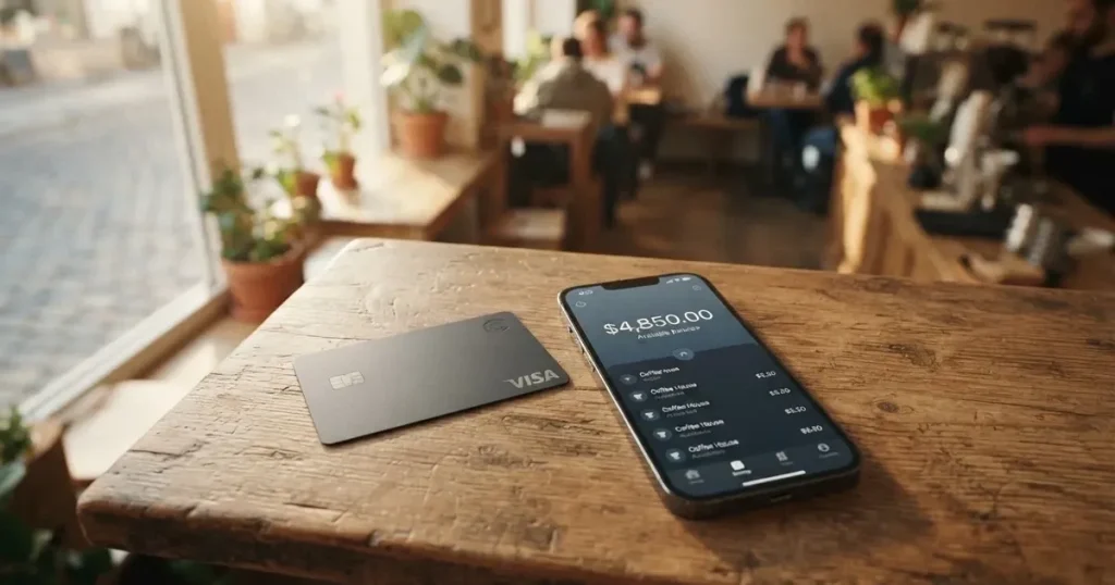 A payment card next to a phone with a crypto wallet app open