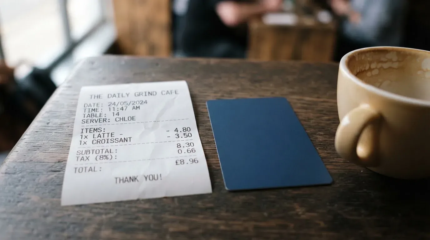 A receipt and a card on a café table