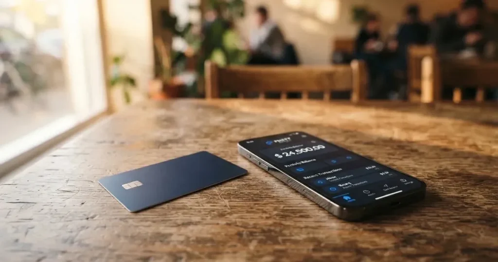 A payment card next to a phone with a crypto wallet app open