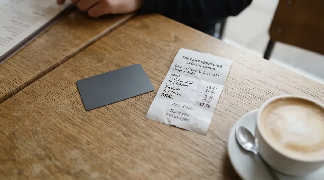 A receipt and a card on a café table