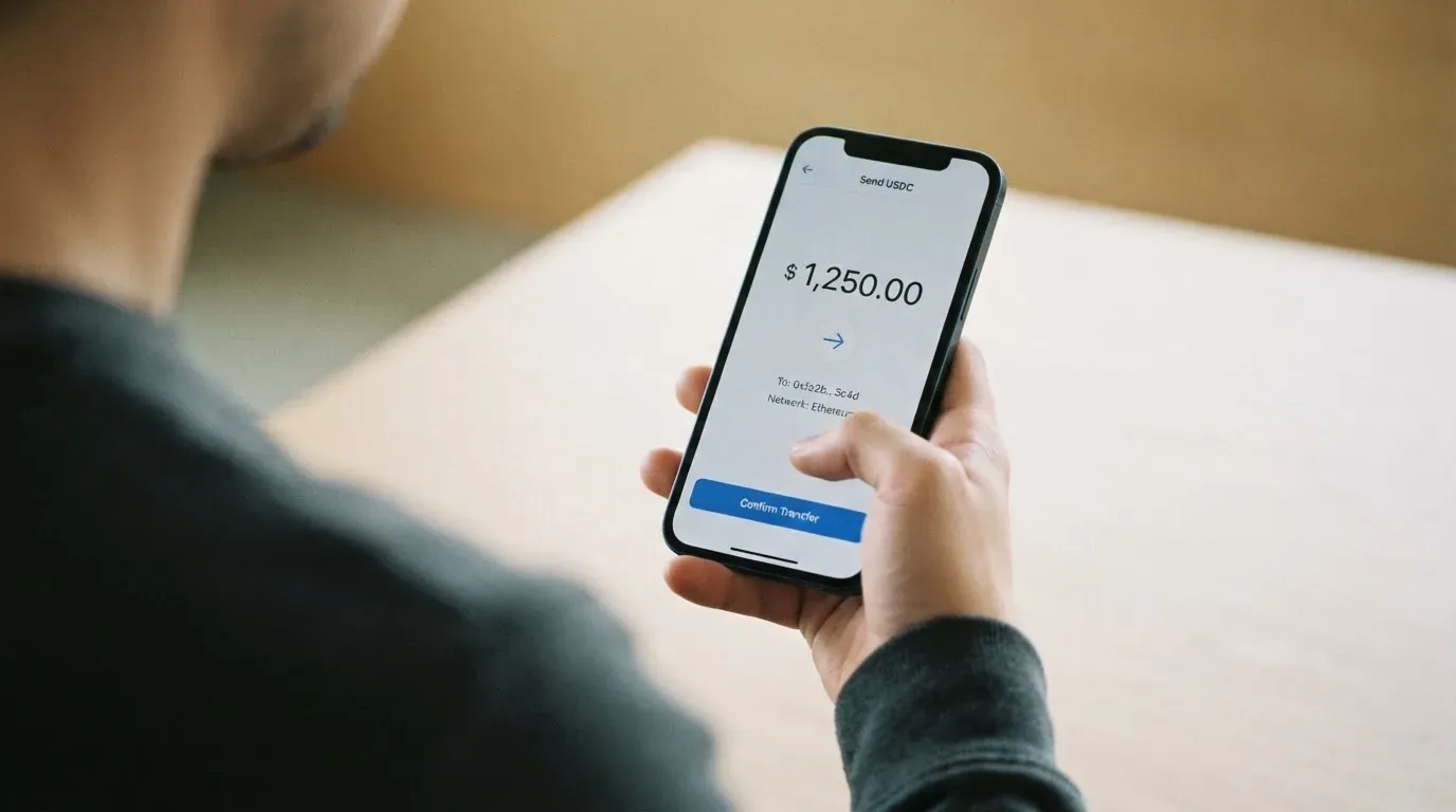 A phone showing a stablecoin transfer screen