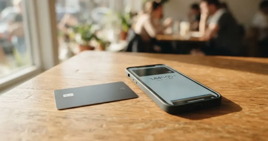 A payment card next to a phone with a crypto wallet app open