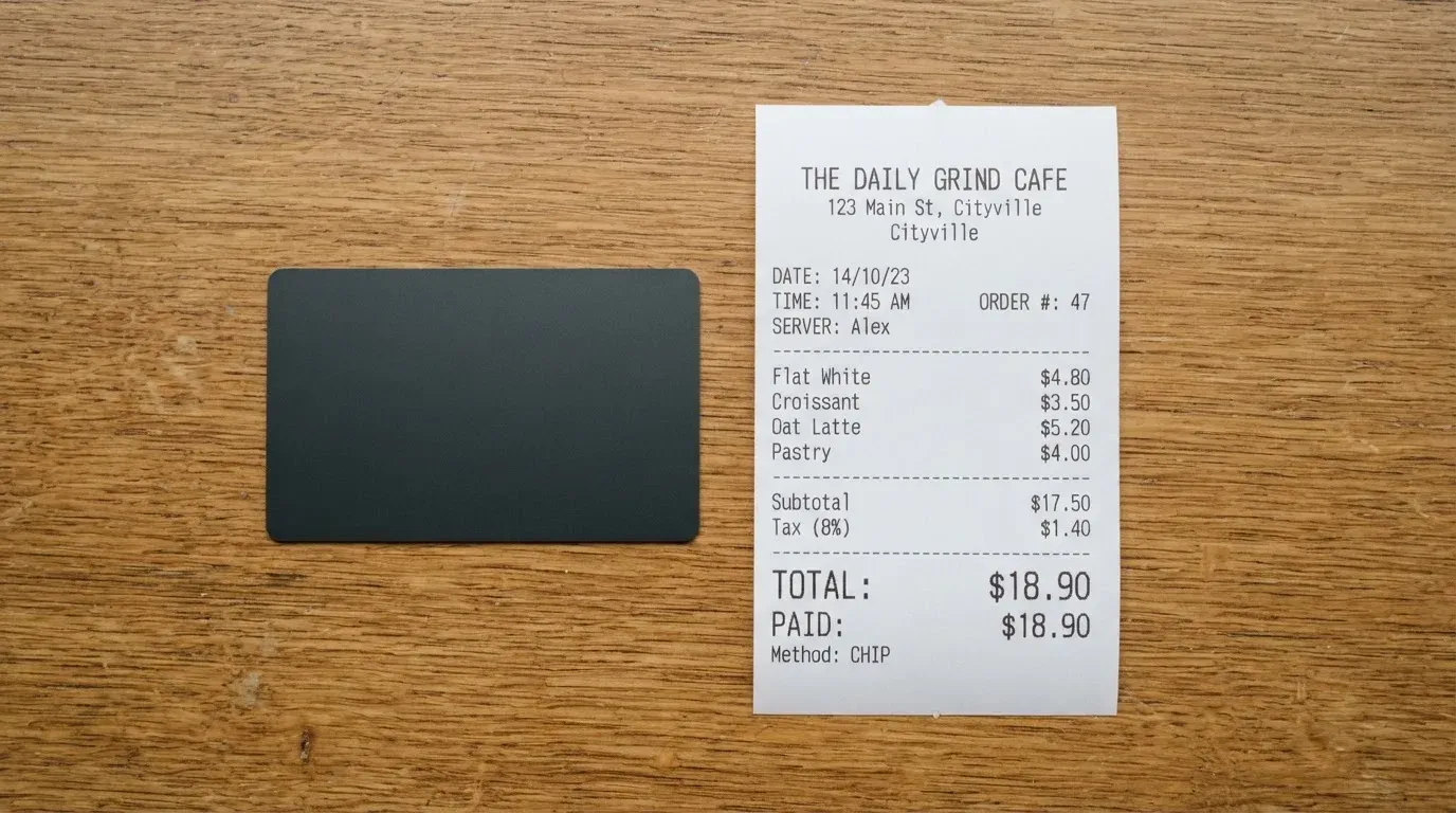 A receipt and a card on a café table