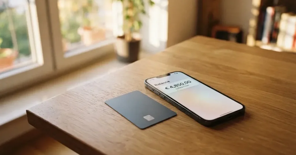 A payment card next to a phone with a crypto wallet app open