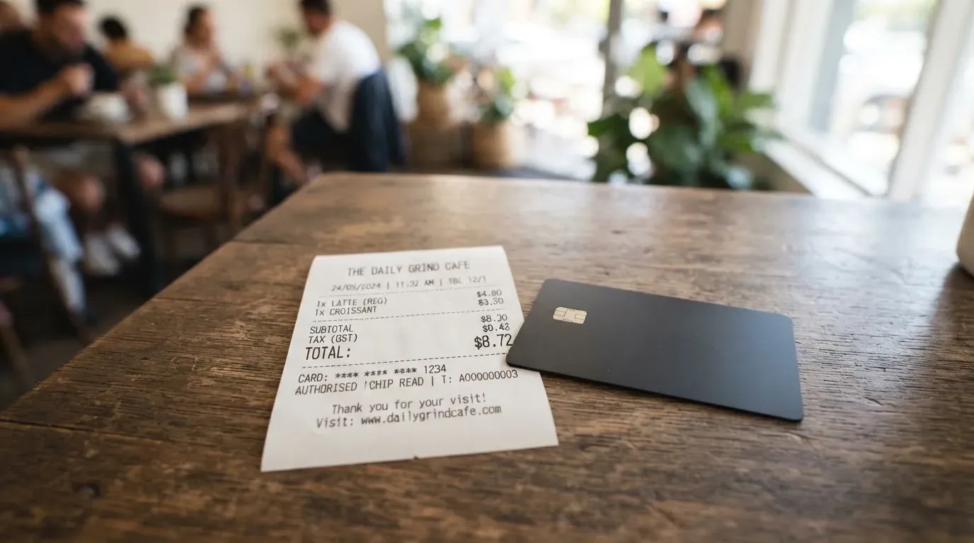 A receipt and a card on a café table