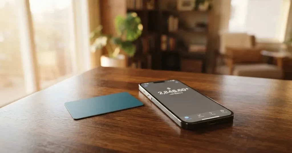 A payment card next to a phone with a crypto wallet app open