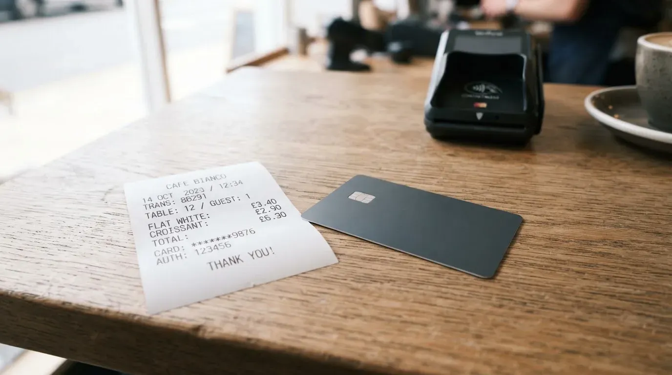 A receipt and a card on a café table