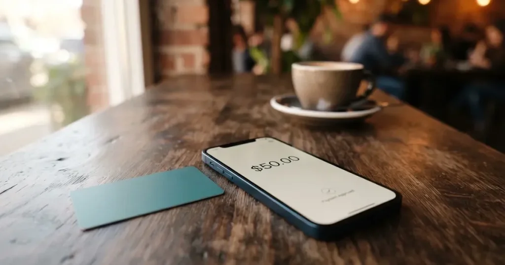A payment card next to a phone with a crypto wallet app open