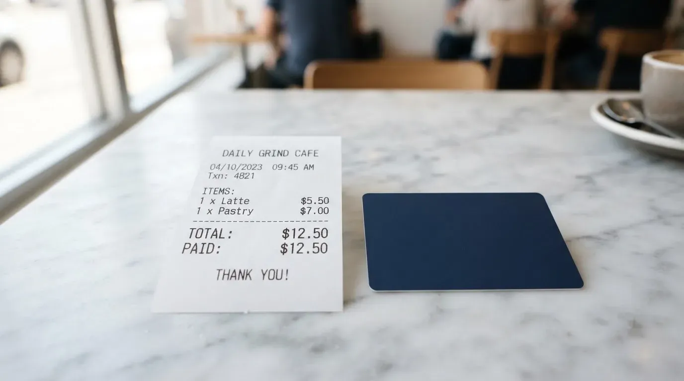 A receipt and a card on a café table