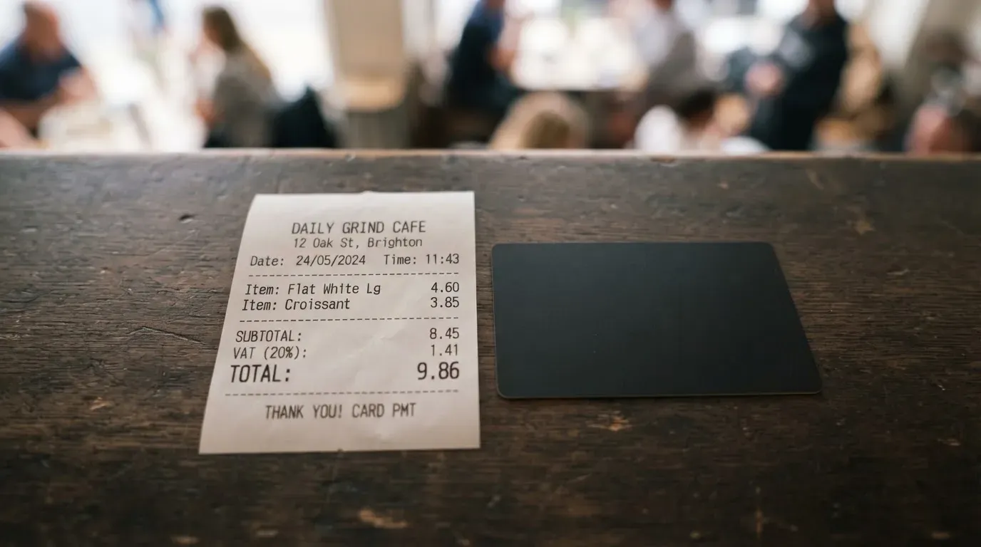 A receipt and a card on a café table