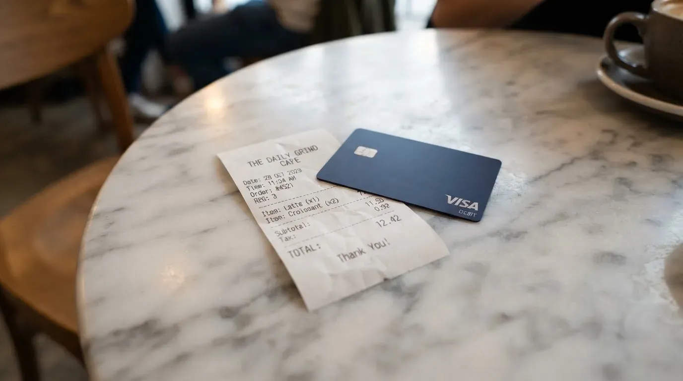 A receipt and a card on a café table