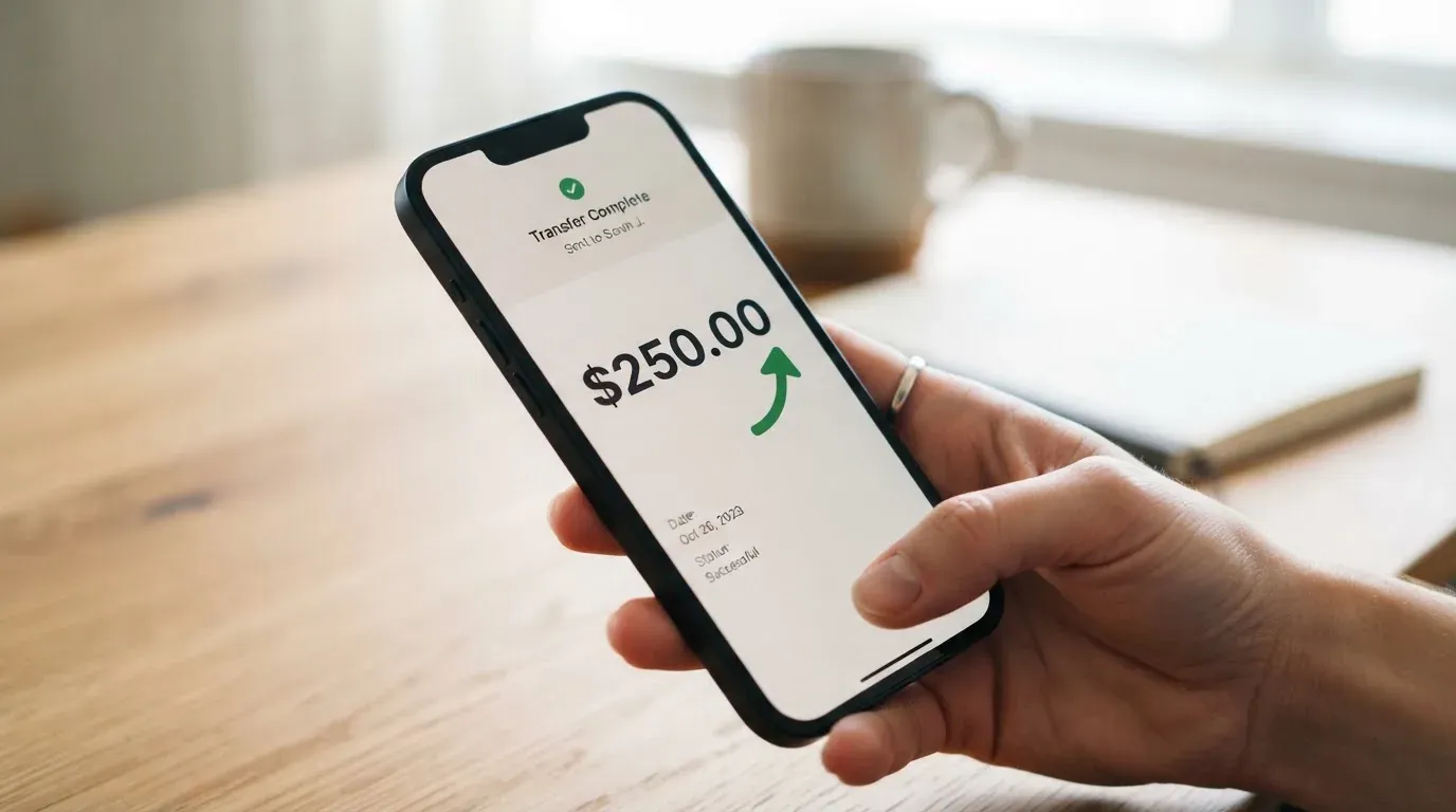 A phone showing a stablecoin transfer screen